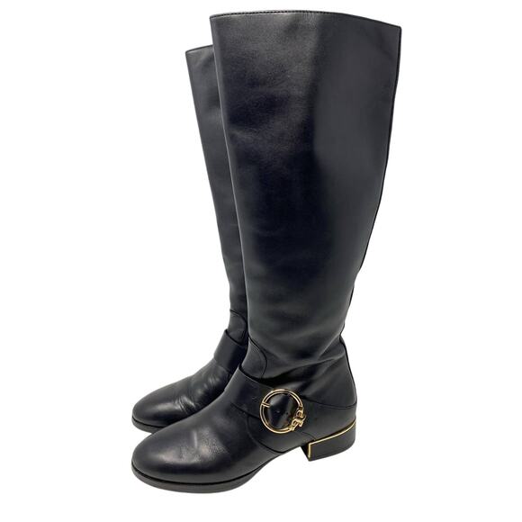 Tory Burch Sofia Riding Boot 6.5, Tall Black Leather Gold Buckle - Picture 1 of 6